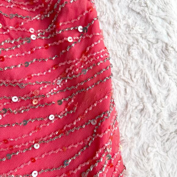 Scala prom dress coral pink 100% silk‎ ruffle hem slip gown beaded sequin formal - Picture 8 of 17